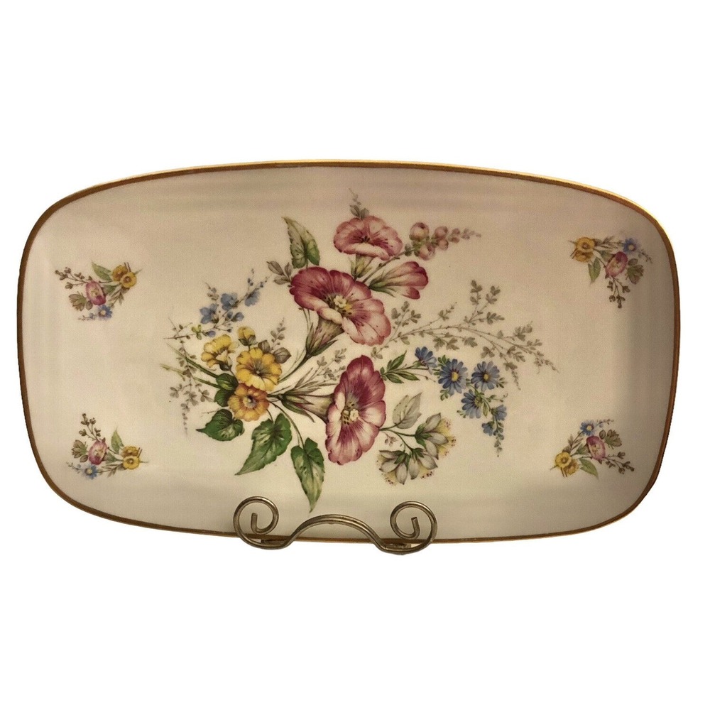 GEROLD PORZELLAN Bavaria DRESDEN Flowers 12" Gold Trimmed Rim Serving Tray Vtg.